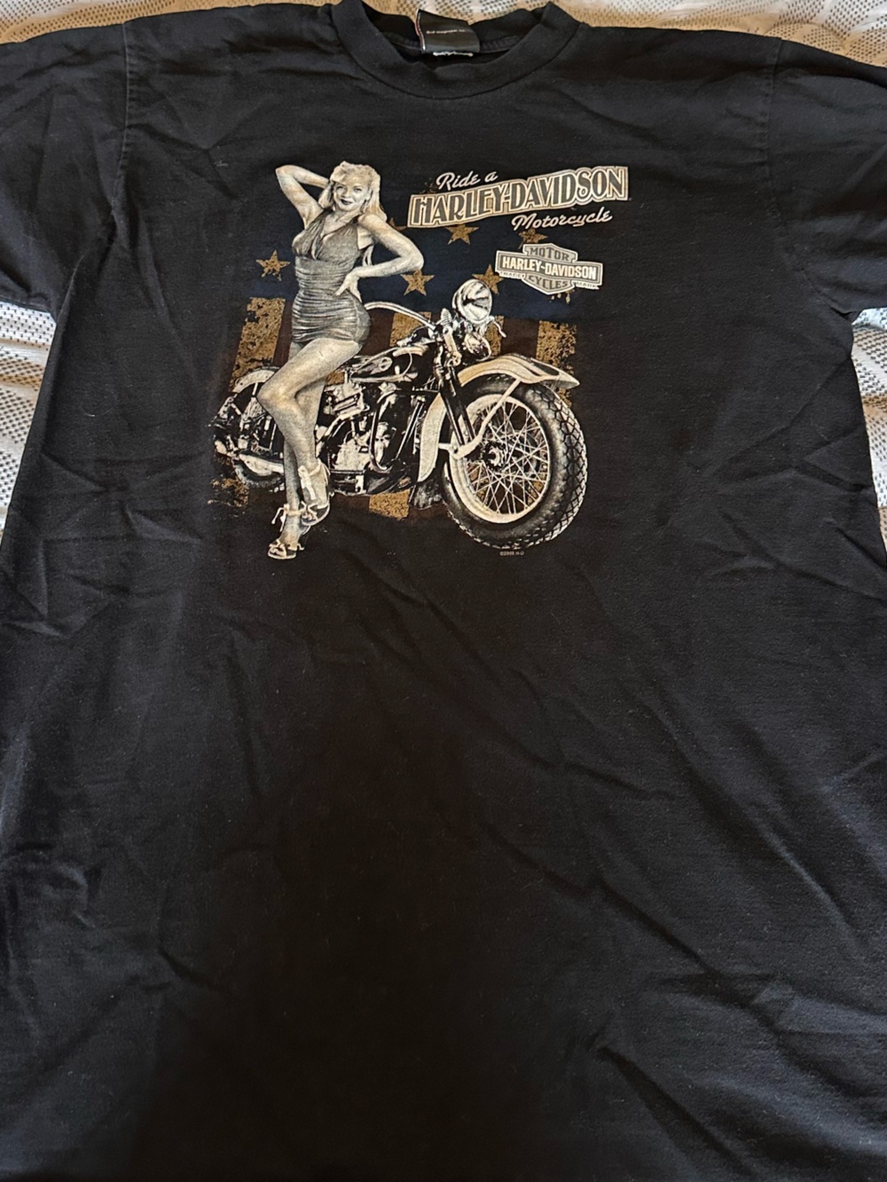 Harley-Davidson Black T-Shirt with Vintage Motorcycle Pinup Graphic